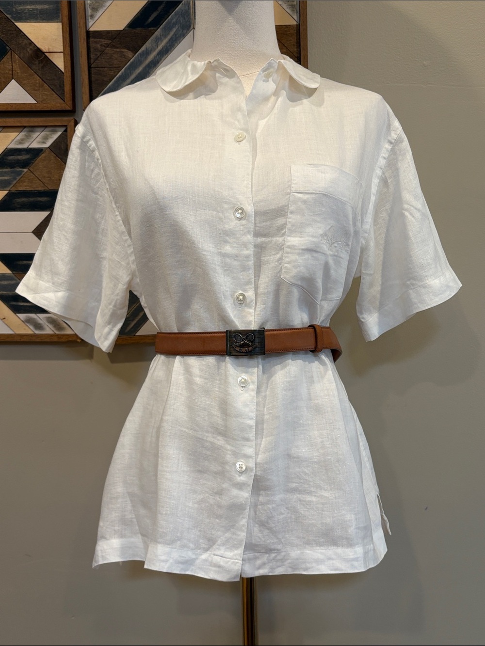 Vintage Ralph Lauren Blue Label White Linen Button-Front Tennis Logo Top size 4
